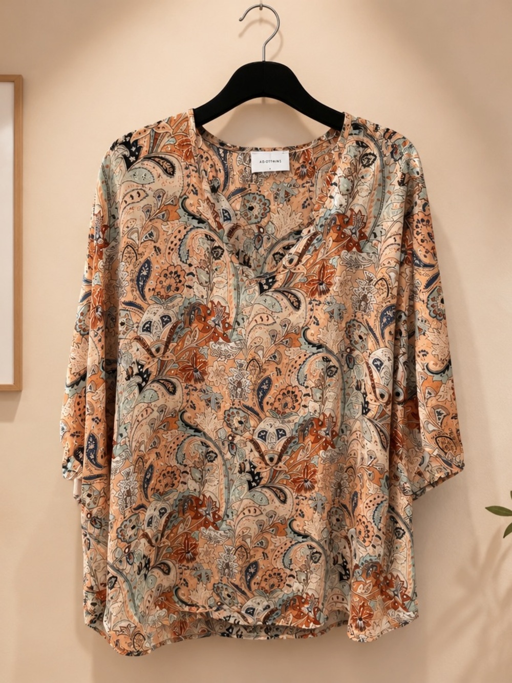 Adrienne Paisley V-Neck Blouse in Peach, Blue & Cream